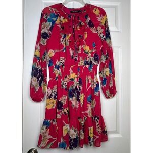 Lauren‎ Ralph Lauren 8P Red Floral Ruffle Tie-Neck Dress – Smocked Waist